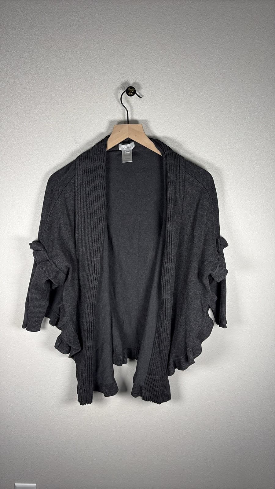 Multiples Women Charcoal Gray Knit Ruffle Open Front Cardigan L