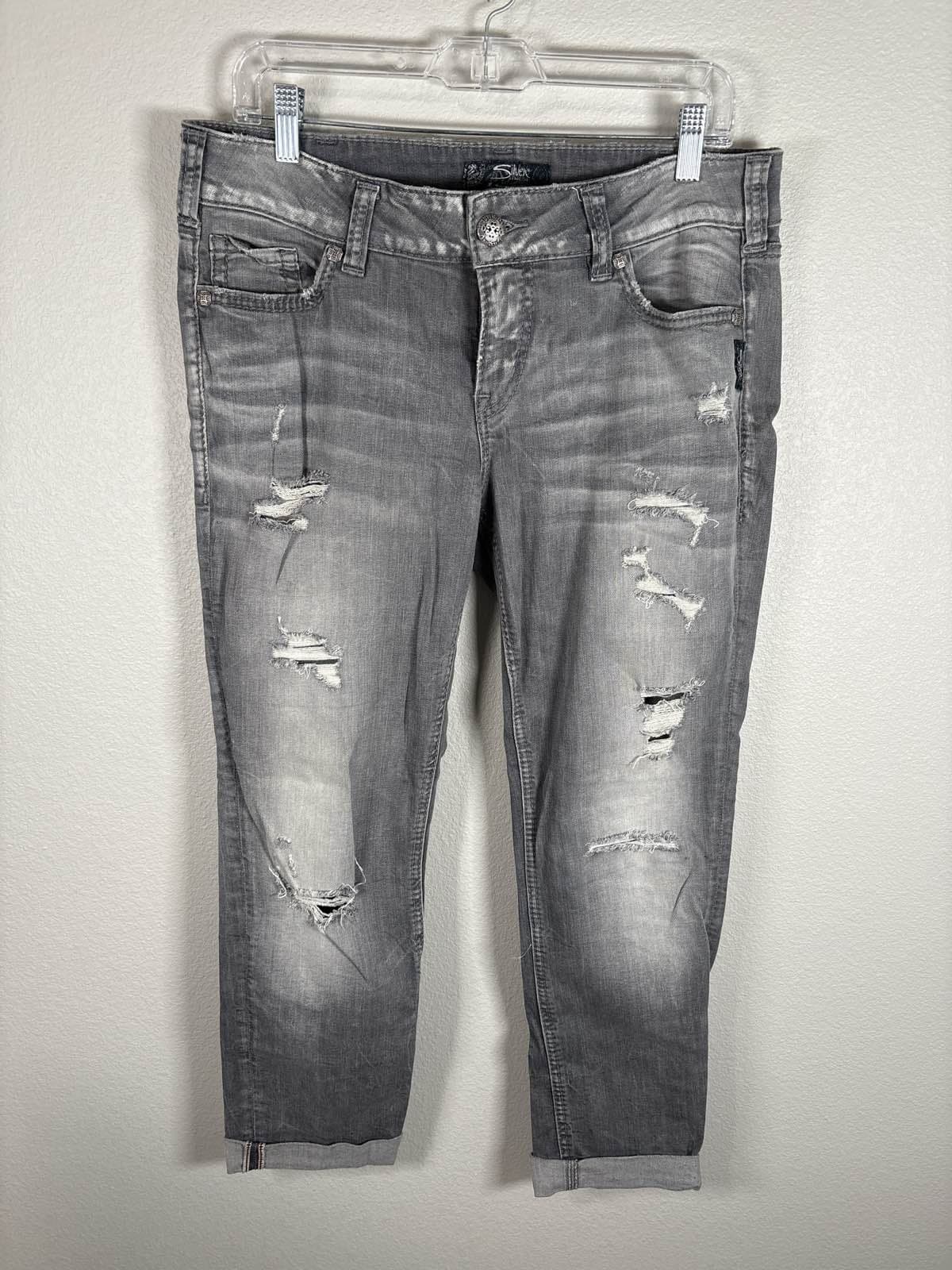 Silver Suki Mid Ankle Slim W31 L26 Gray Distressed Stretch Jeans