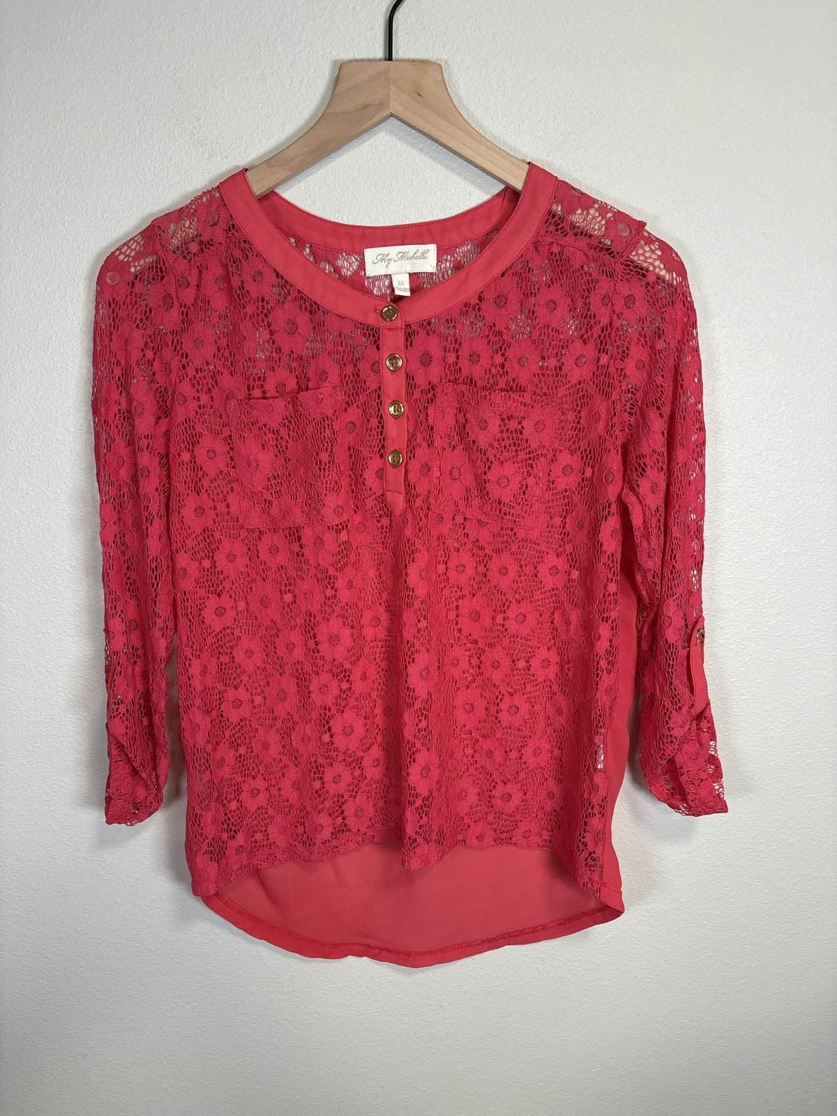 Michelle Pink Floral Lace Blouse M Collared Button Up Sheer