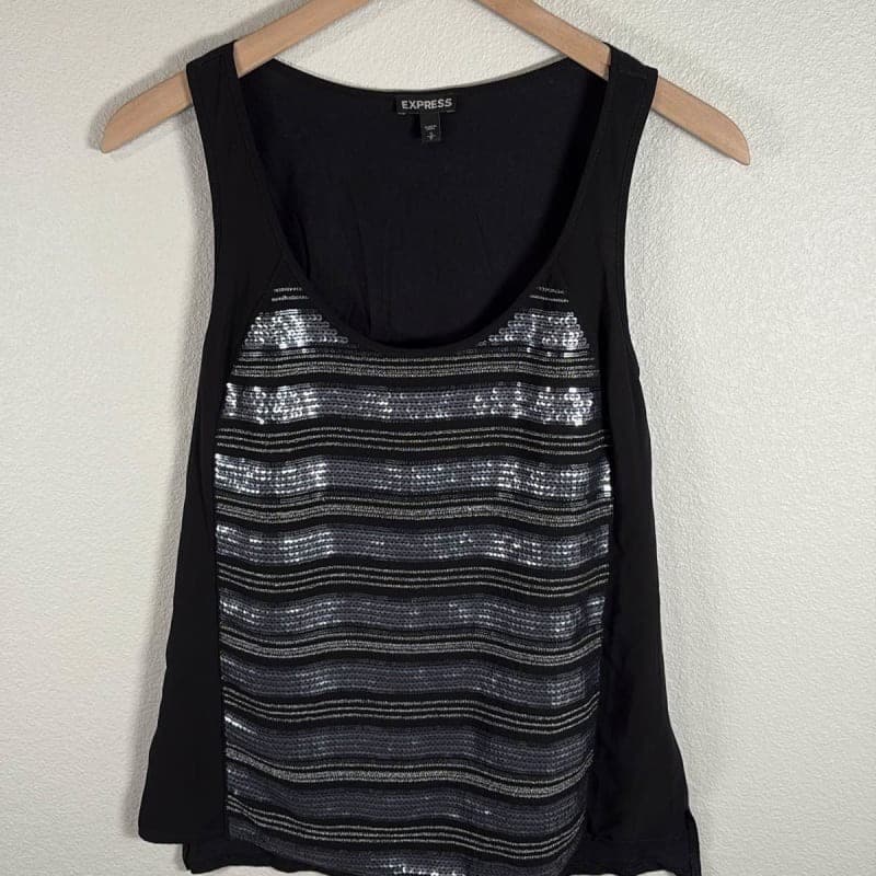 EXPRESS Women's Black Silver Sequin Scoop Neck Sleeveless Tank Top S