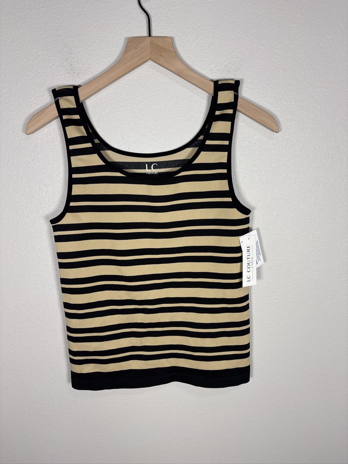 LC Couture Striped Ribbed Tank Top Womens XL/XXL Black Beige Scoop Neck
