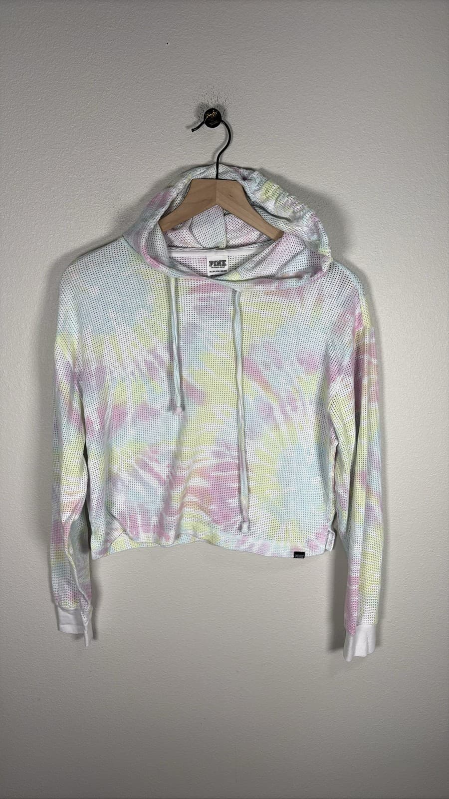 PINK Victoria Secret Mesh Cropped Hoodie Tie Dye Pastel Knit Medium
