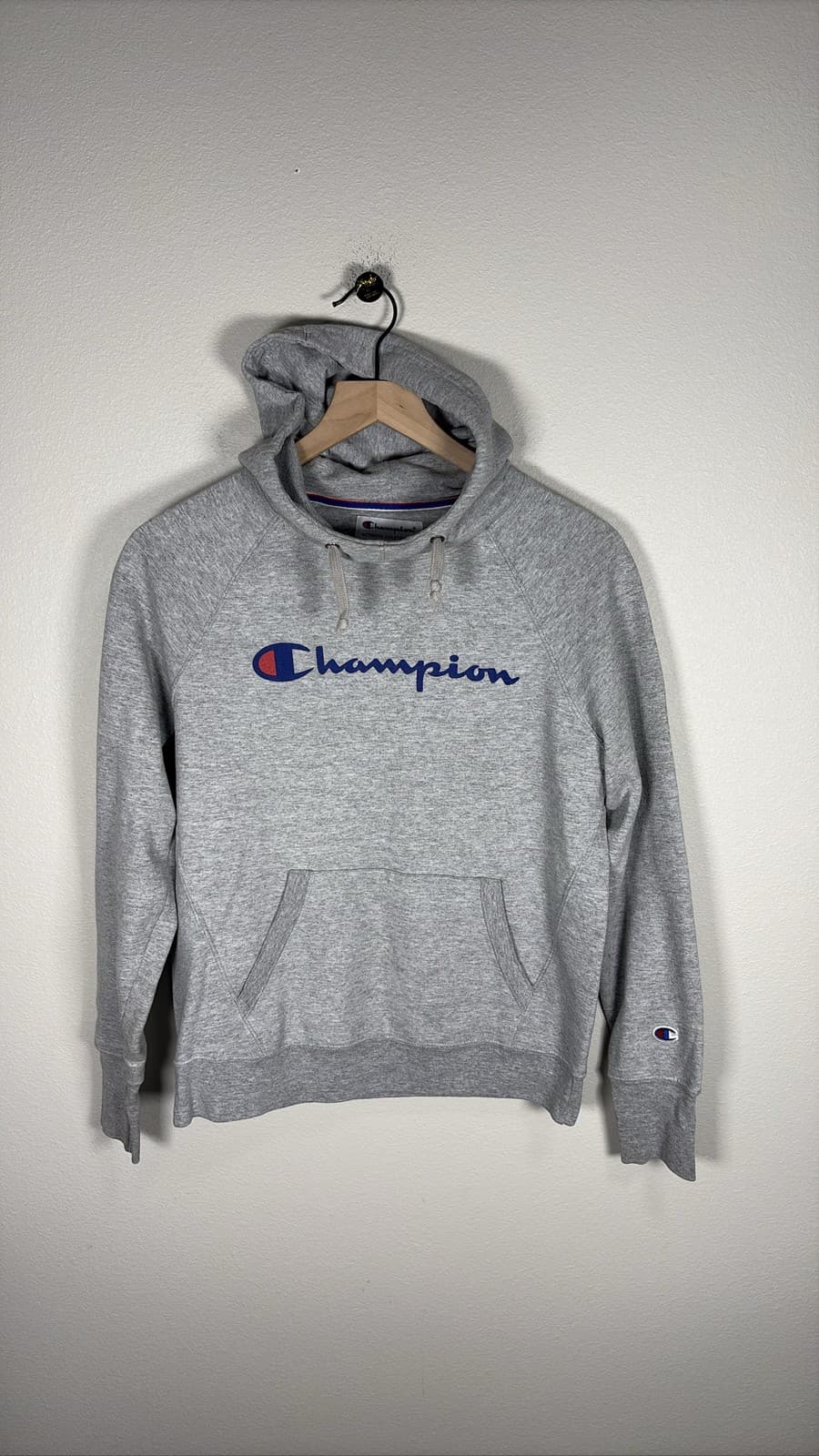 Champion Hoodie Mens Medium Gray Pullover Script Logo Sweatshirt Small