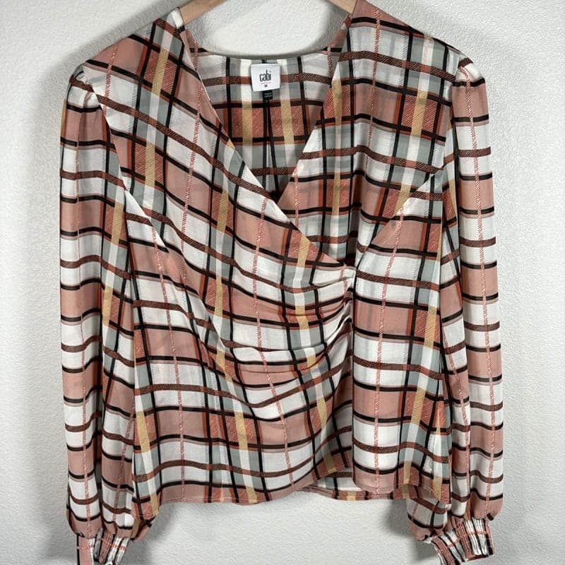 Cabi The Whist Blouse #6295 M Plaid Faux Wrap Long Sleeve Top
