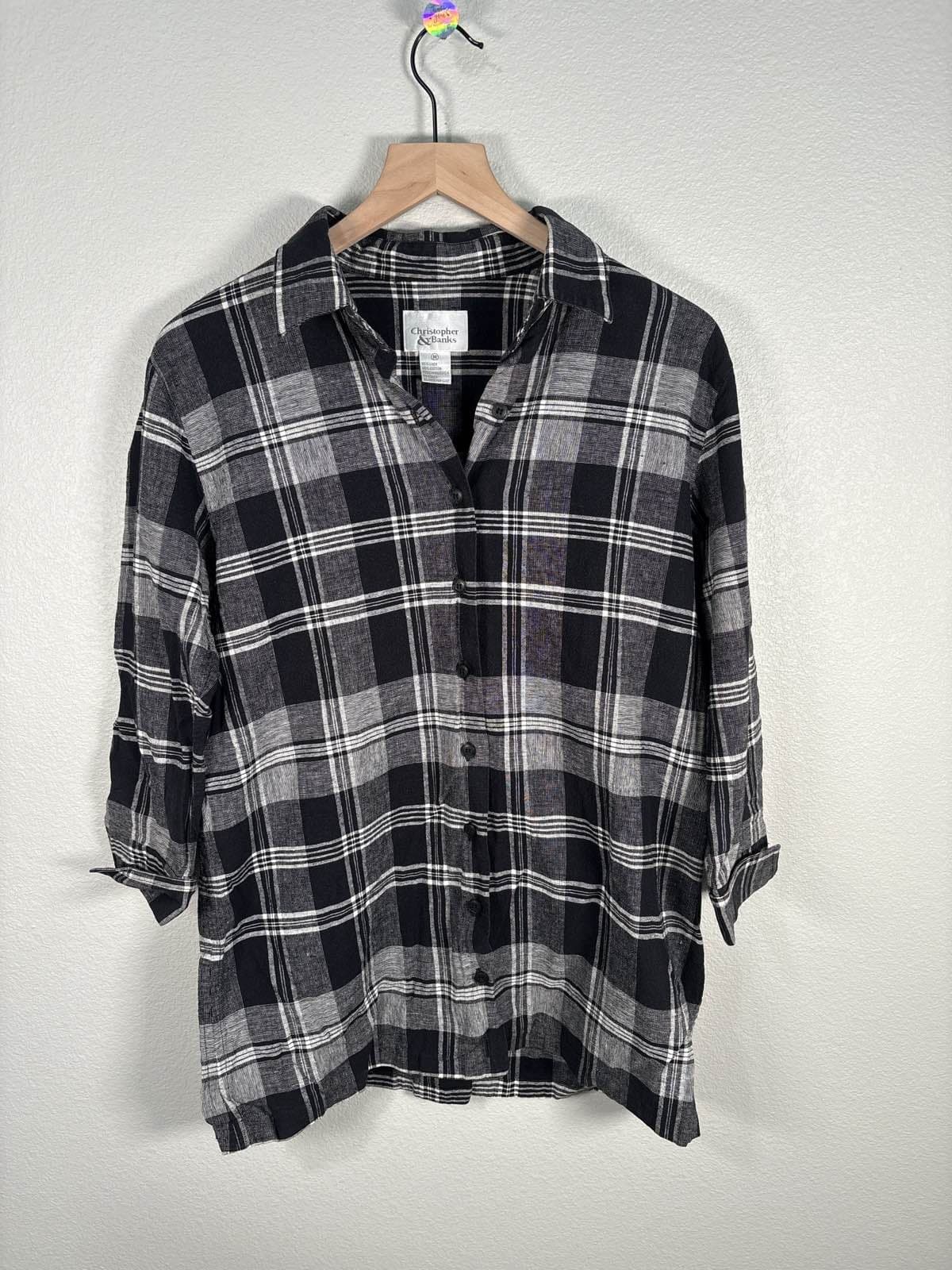 Christopher & Banks Womens Black Plaid Flannel Button Up Shirt M