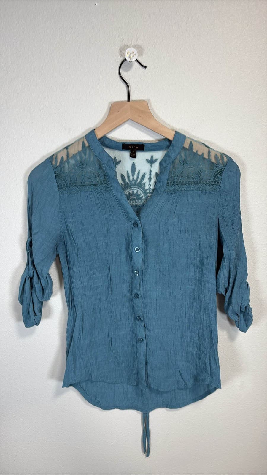 Mine M Teal Button Up Blouse Lace Yoke Roll Tab Sleeves Crinkle Top