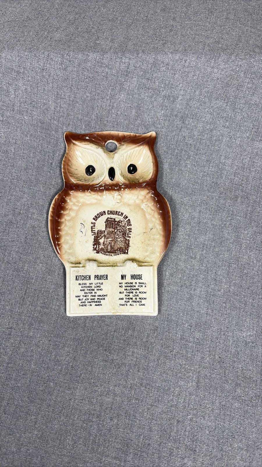 Ceramic Owl Spoon Rest Wall Plaque Little Brown Church Kitchen Prayer