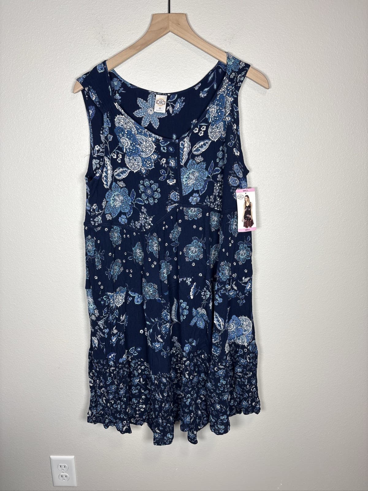 Bila Womens Small Blue Floral Babydoll Mini Dress Boho Cottagecore