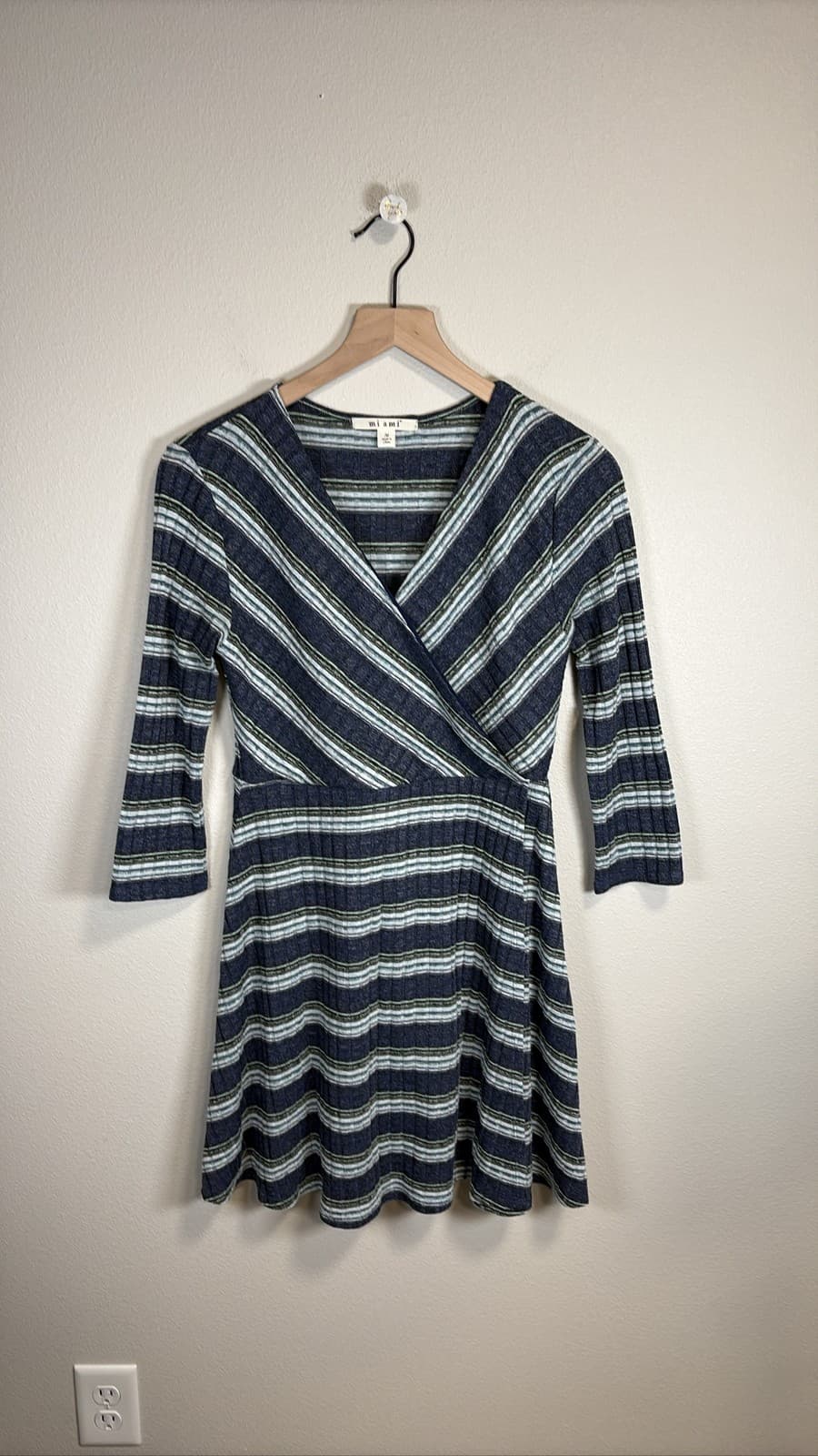 Francesca's Mi Ami Striped Ribbed Knit Faux Wrap Dress Mini 3/4 Sleeve M