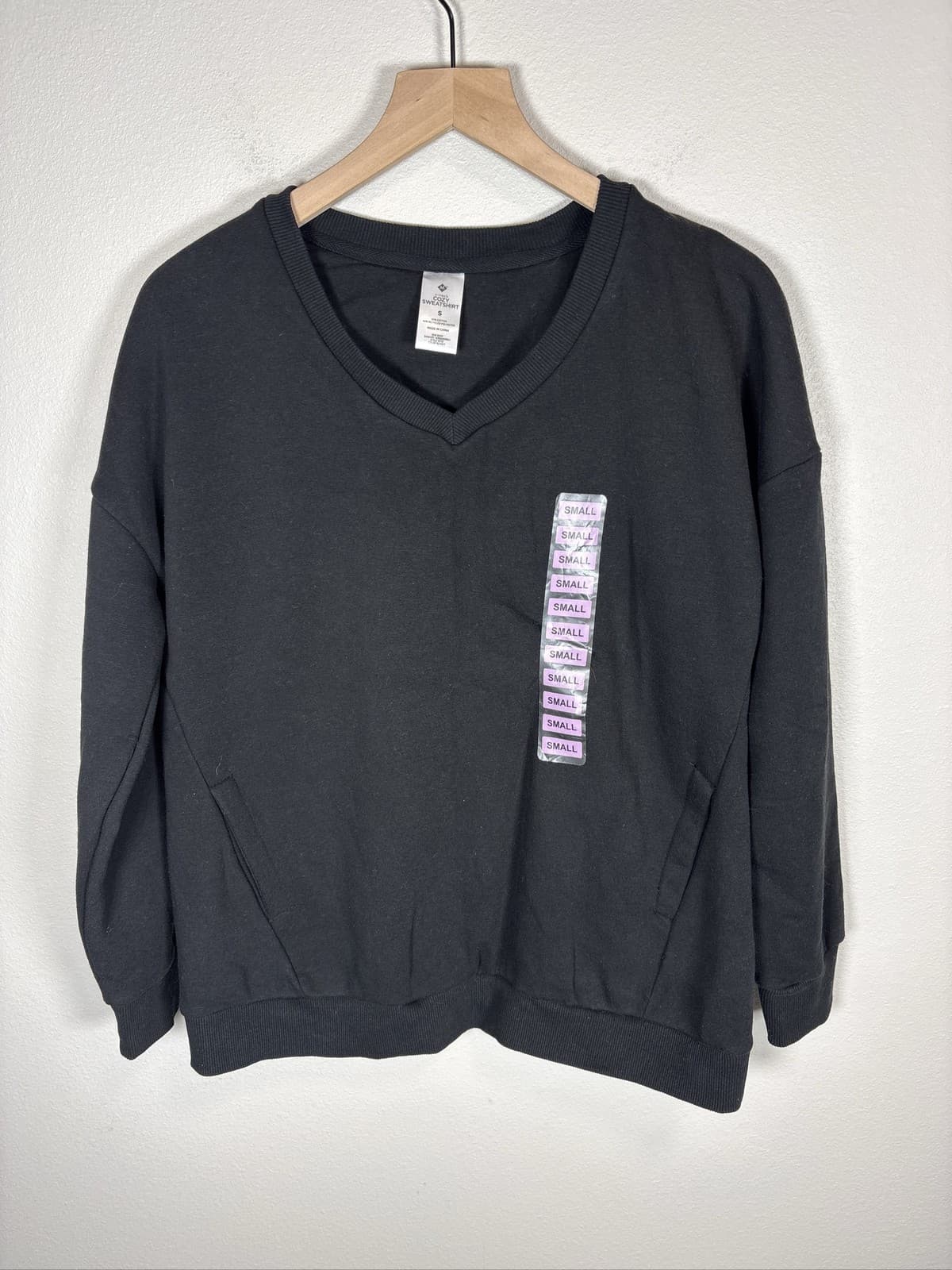 Member's Mark Women Black Cozy V-Neck Brushed Fleece Sweatshirt S