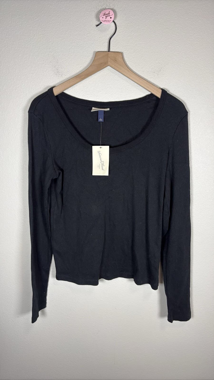 Universal Thread Women Black Ribbed Scoop Neck Long Sleeve Shirt Size L