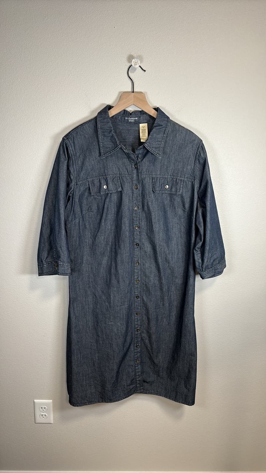 Liz Claiborne Blue Denim Shirt Dress Women 3/4 Sleeve Pockets Size 18 P