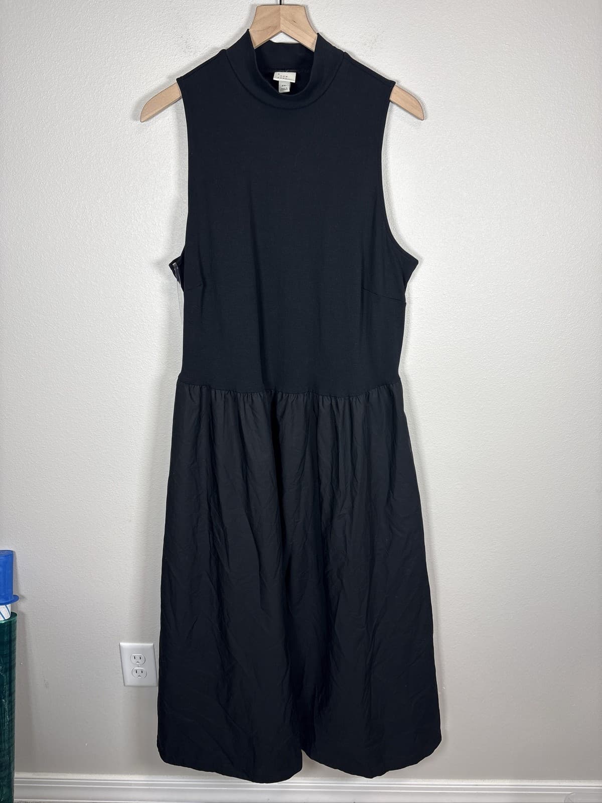 A New Day Womens XXL Black Mock Neck Mixed Media Poplin Midi Dress