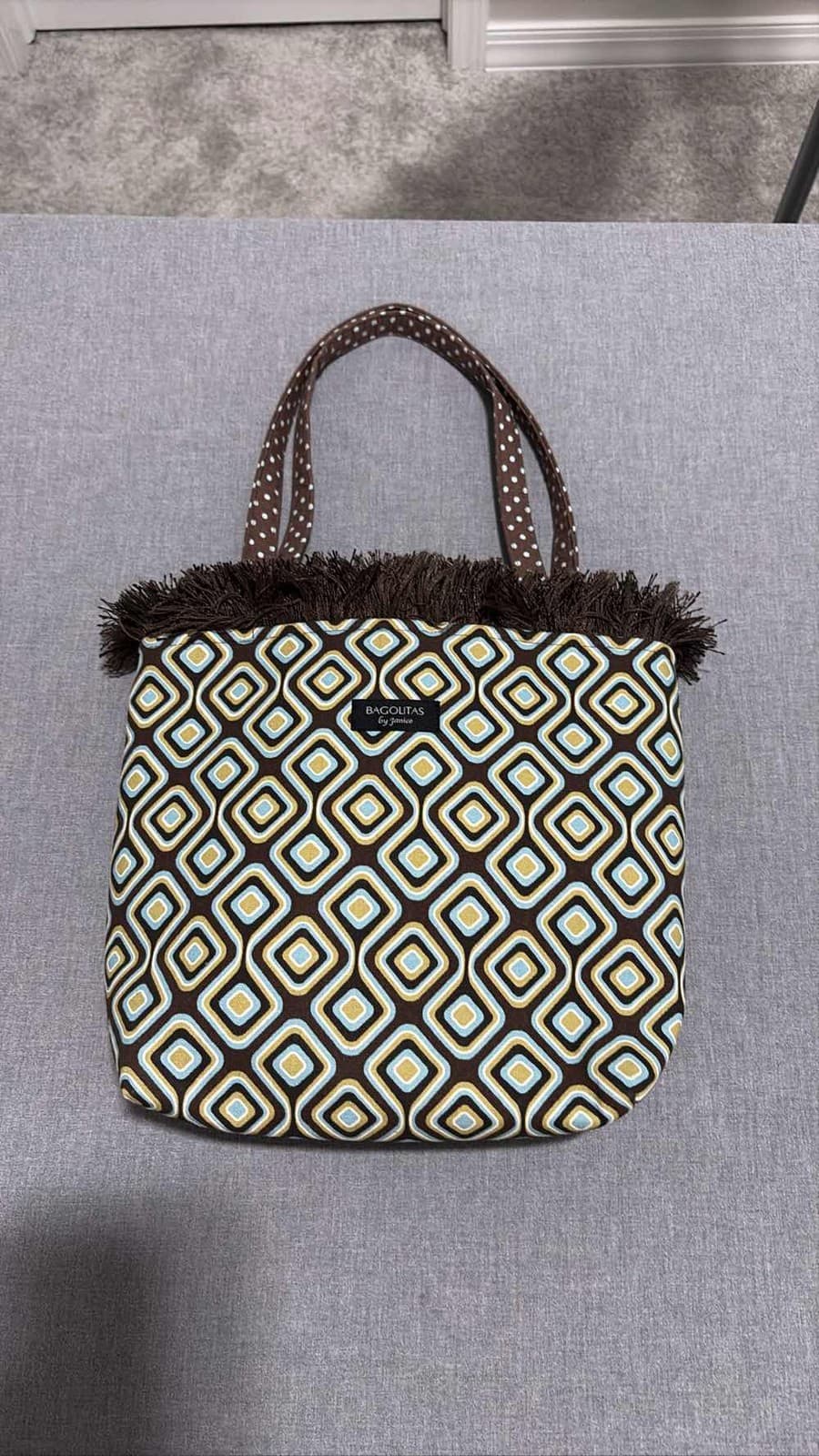Bagolitas By Janice Classic Brown Fringe Purse Bag Geometric Print Shoulder Tote