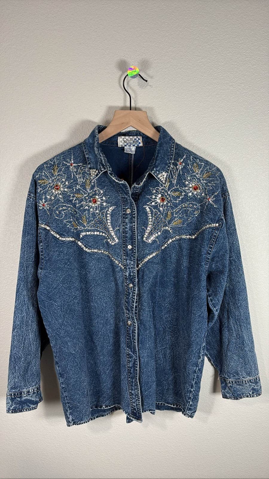 VTG 80s 90s Pretty Bleu Women's Acid Wash Embellished Denim Jean Shirt M