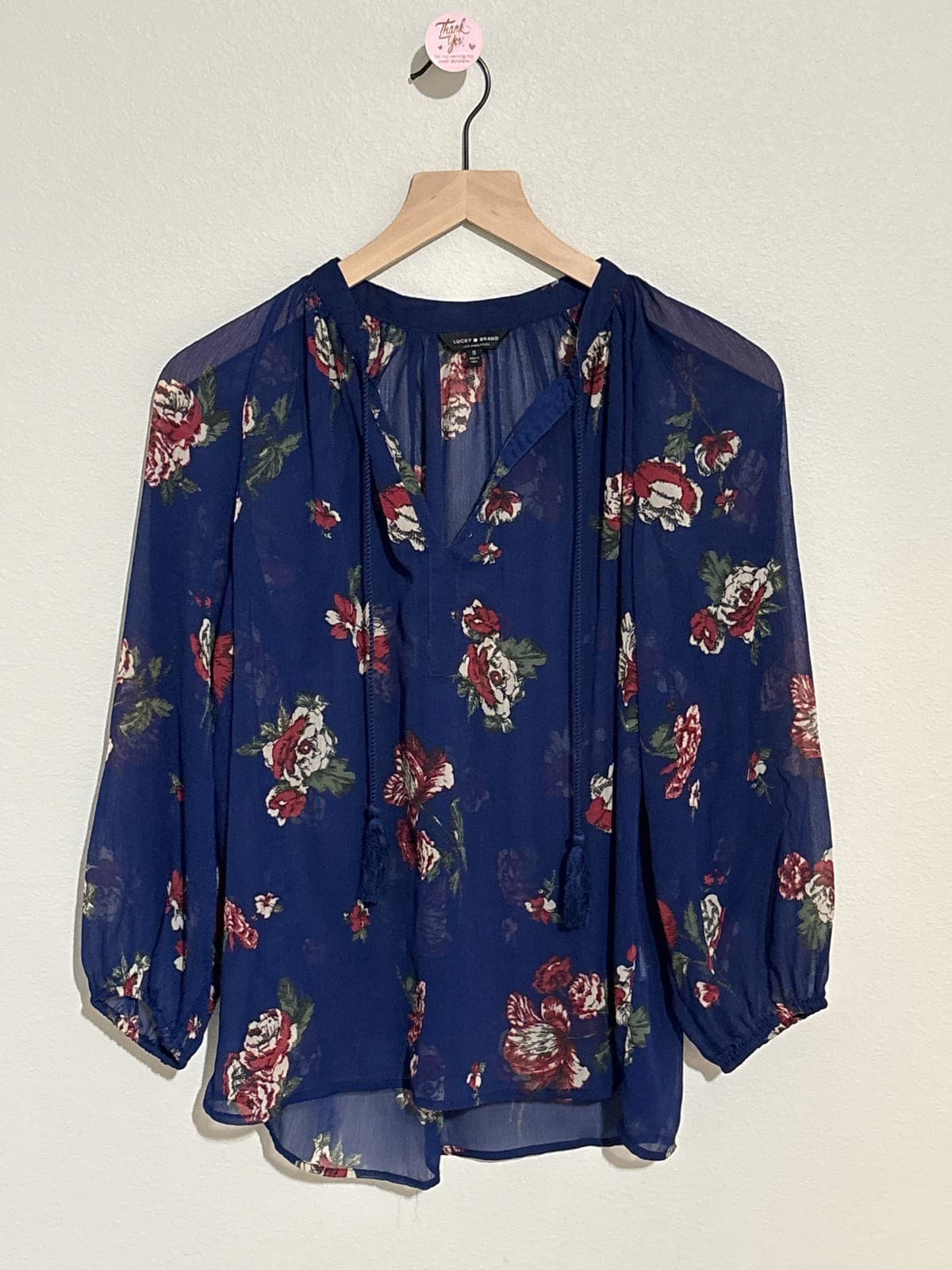 Lucky Brand Womens S Blue Floral Peasant Blouse Tassel V-Neck Top