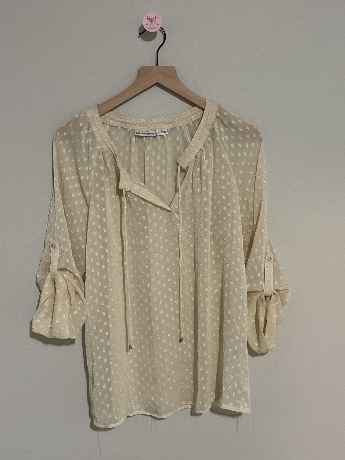 Liz Claiborne Womens Sheer Polka Dot V-Neck Blouse Roll Tab Long Sleeve Top L