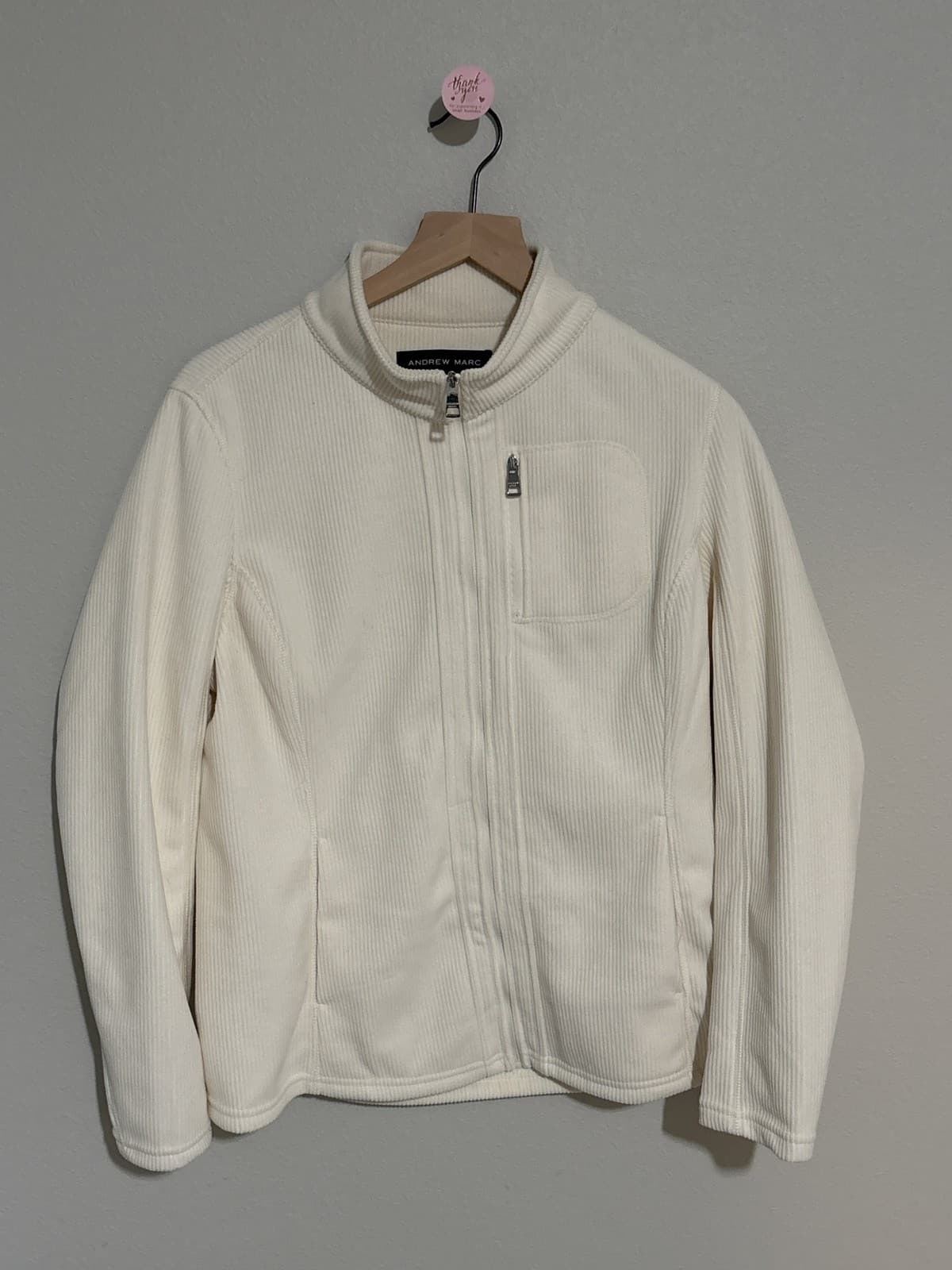 Andrew Marc Women's Cream Ribbed Full Zip Jacket Pockets M