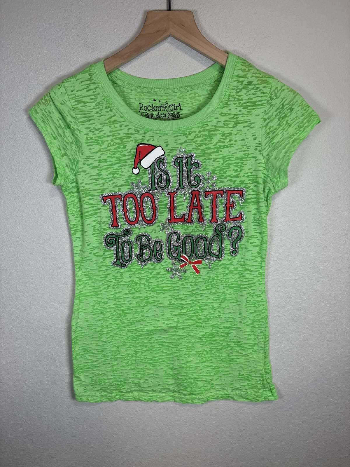 Rocker Girl Green Glitter Christmas Holiday Tee Girls M 7-9