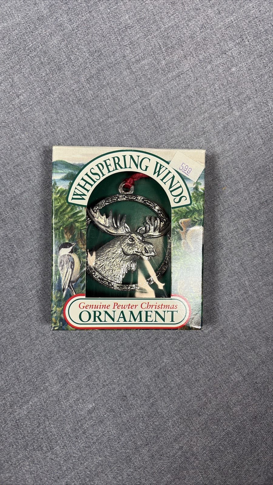 Whispering Winds Pewter Moose Wreath Holiday Ornament USA