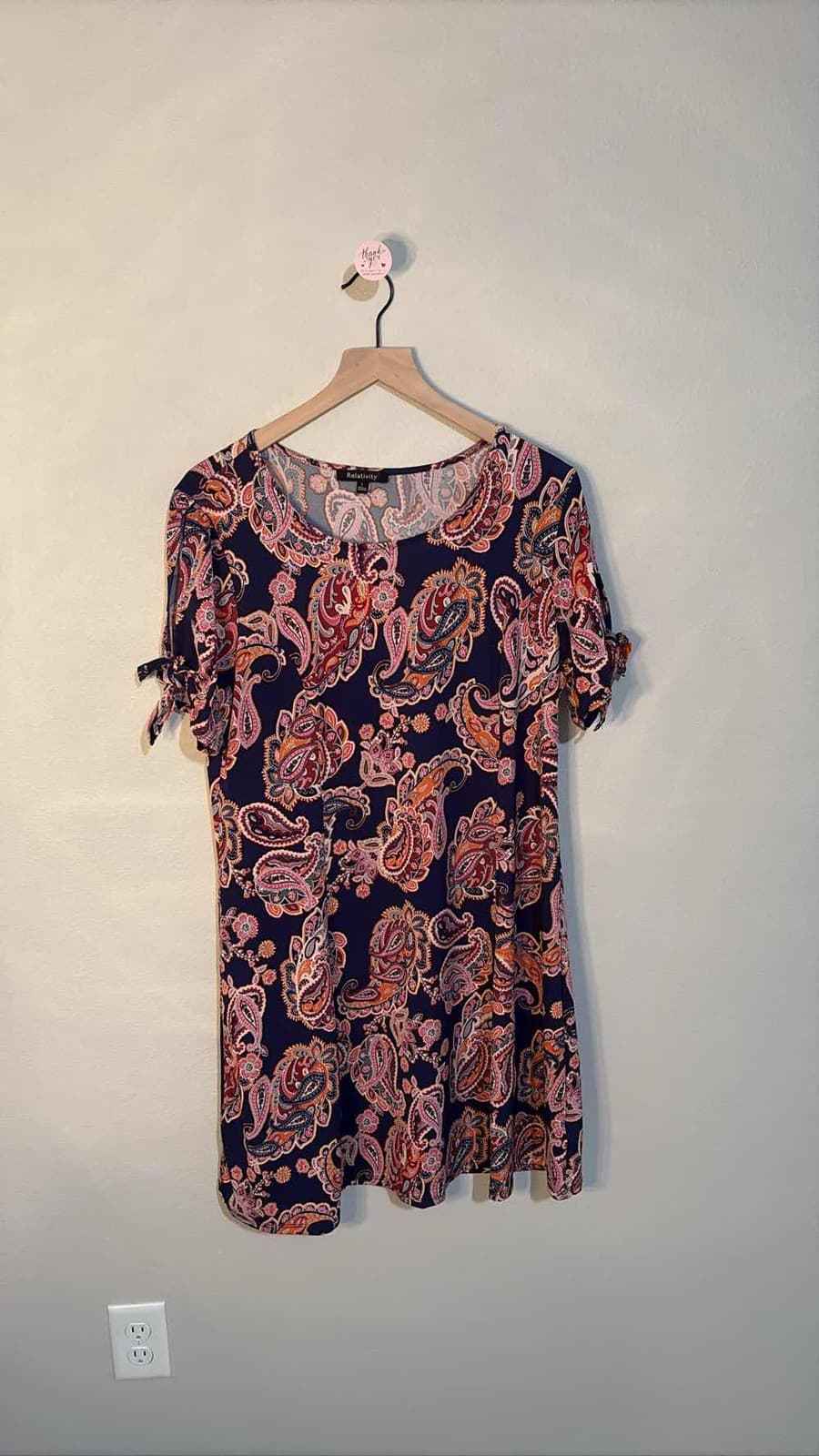 Relativity Women's L Navy Blue Pink Paisley Split Sleeve Tunic Dress
