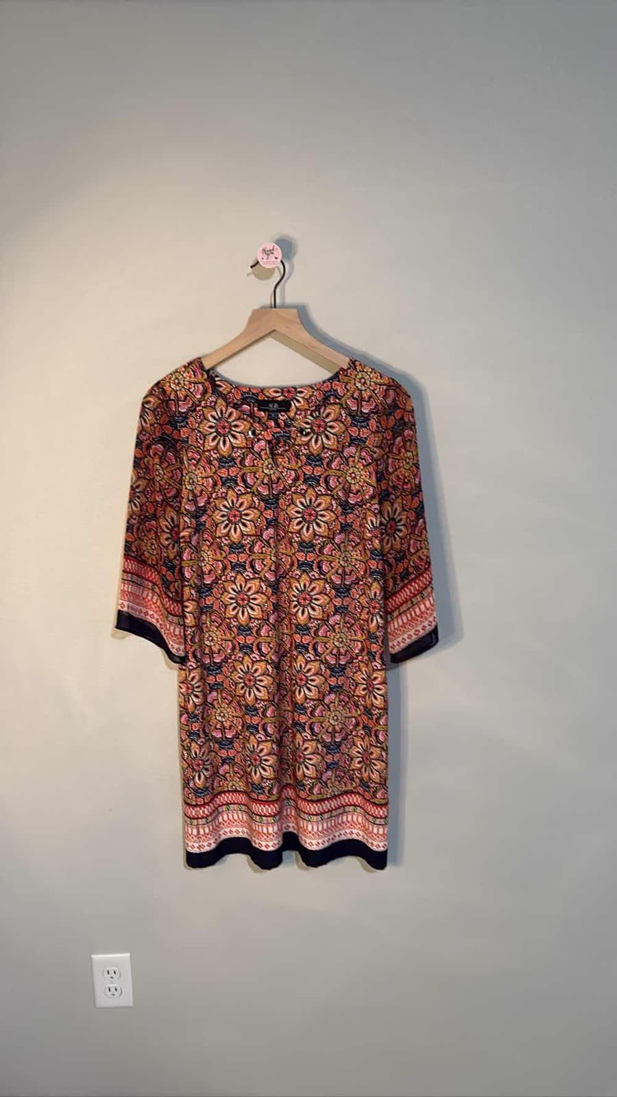 AGB Floral Tunic Mini Dress Lace Up V-Neck 3/4 Sleeve Shift S