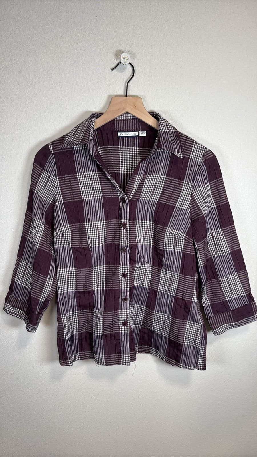 Croft & Barrow Womens M Plaid 3/4 Sleeve Shirt Purple White