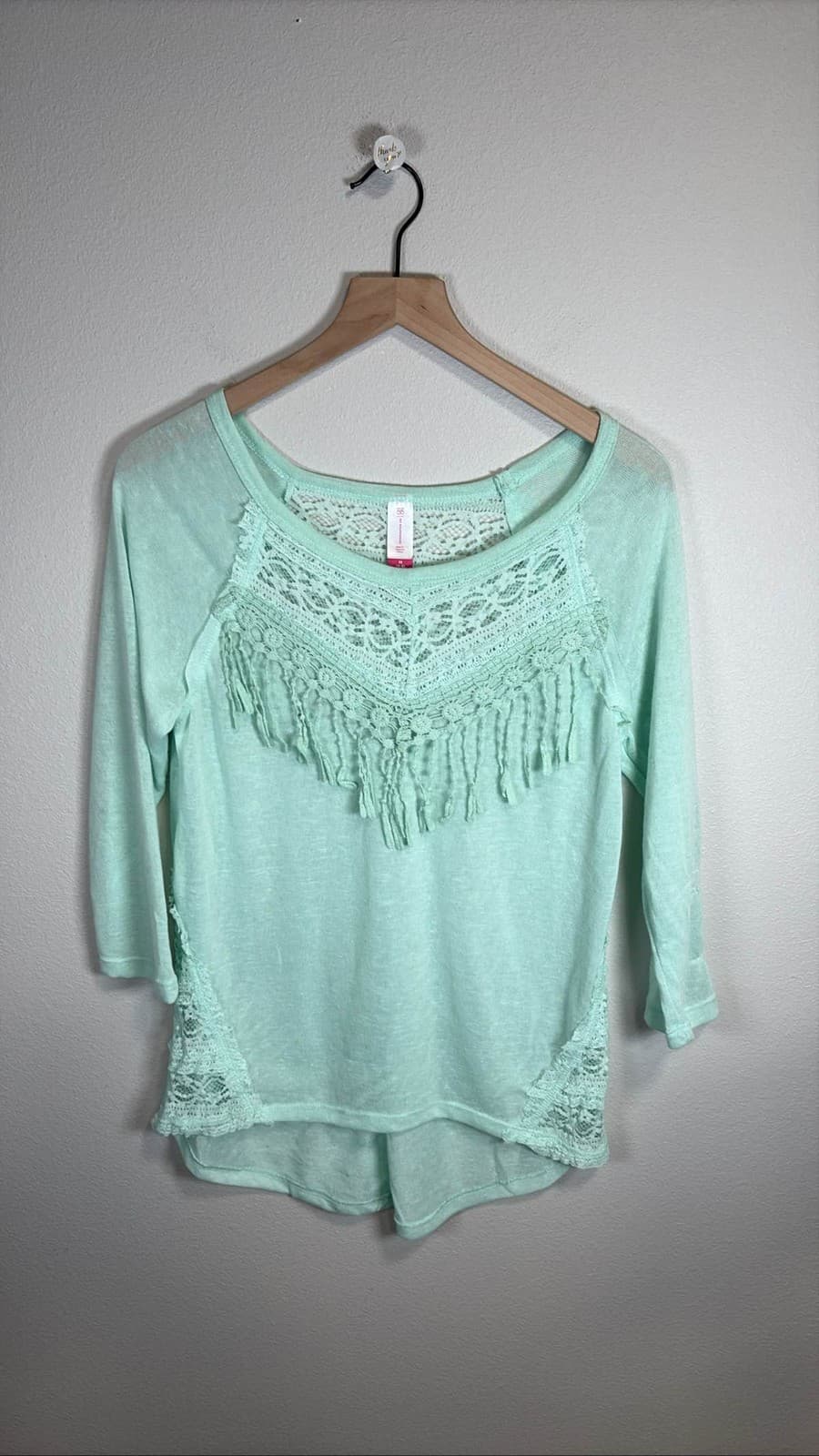 No Boundaries Green Lace Fringe 3/4 Sleeve Blouse Top M 7-9