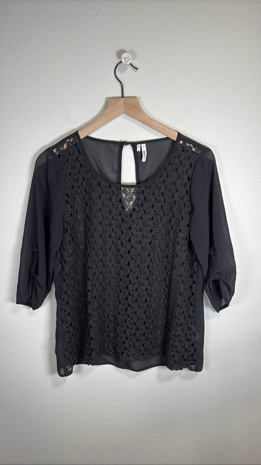 Studio Y Black Lace Blouse Top 3/4 Sleeve Round Neck Pullover