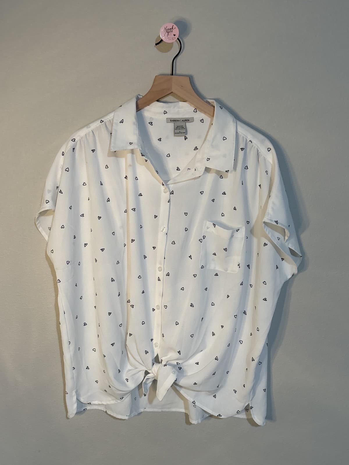 Sabrina Lauren Blouse Women's Large White Black Heart Print Long Sleeve