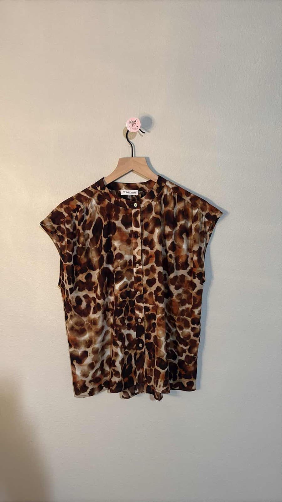 Calvin Klein Women's Brown Animal Print Cap Sleeve Button Up Blouse Top