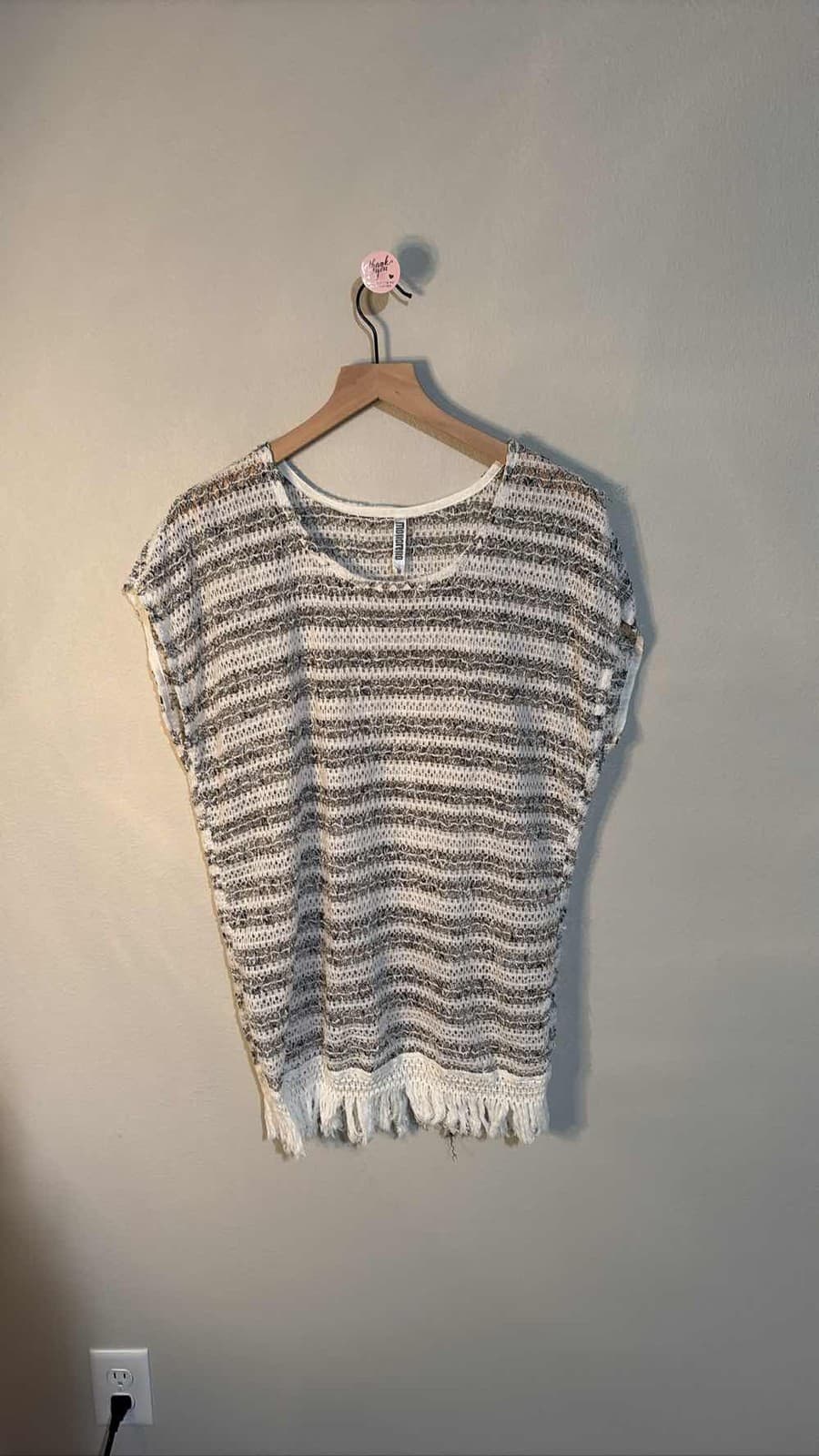 Monereno Open Knit Linen Blend Striped Tank Top Fringed Hem M