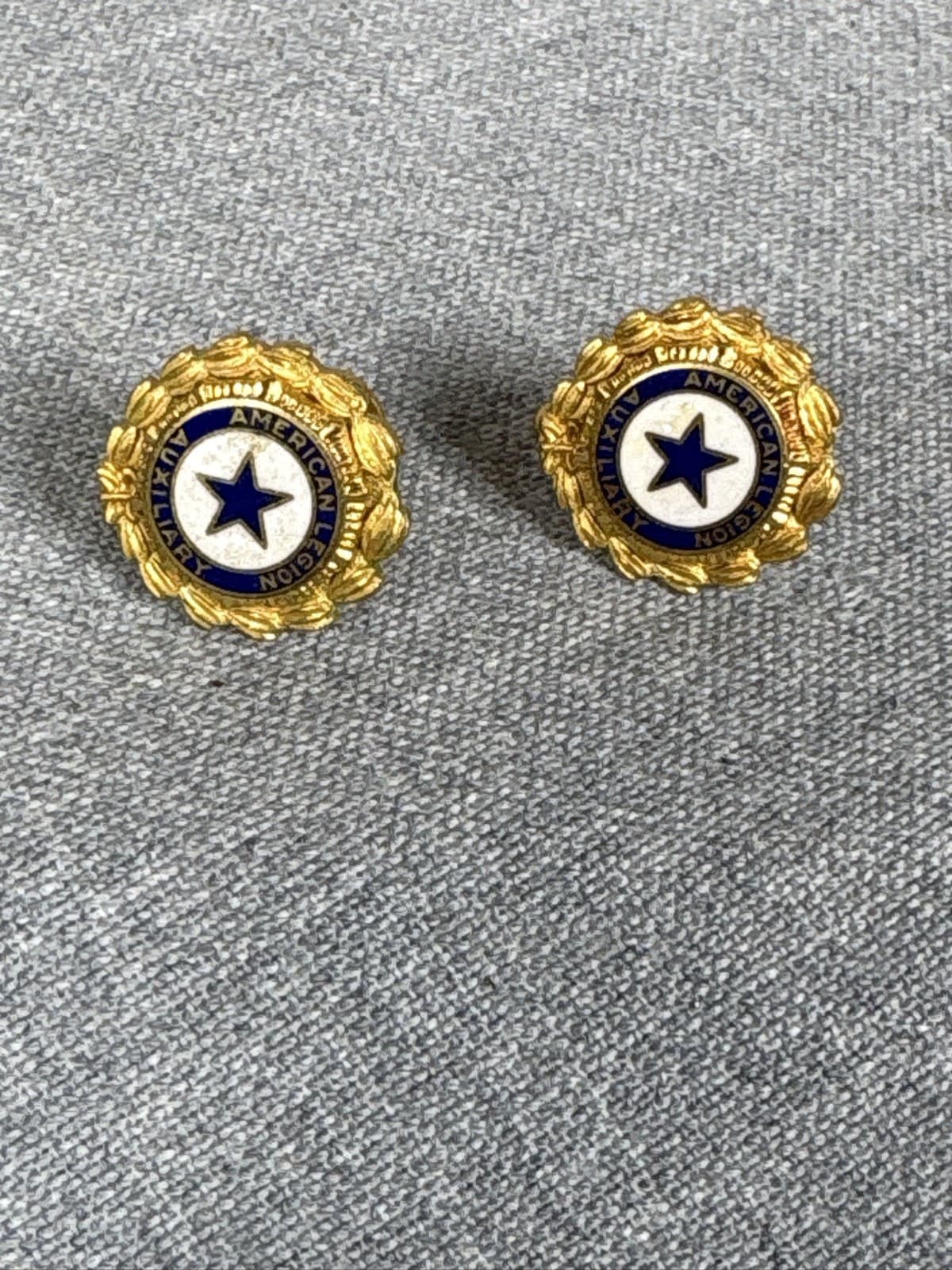 American Legion Auxiliary Screw Back Earrings Gold Tone Blue Enamel