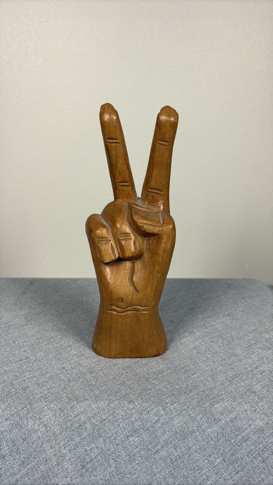 Vintage Carved Wood Hand Peace Sign Fingers 1970s Style Sculpture Decor