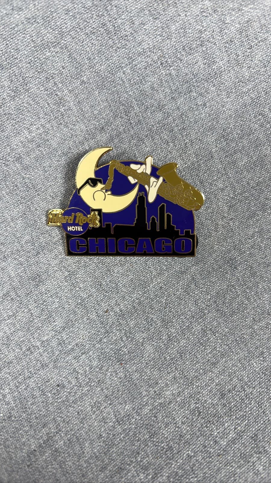 Hard Rock Hotel Chicago Moon Saxophone Skyline Gold Tone Enamel Pin