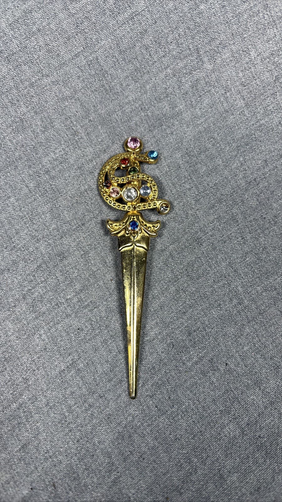 Gold Tone Sword Dagger Brooch Rhinestone Coiled Snake Serpent Pin