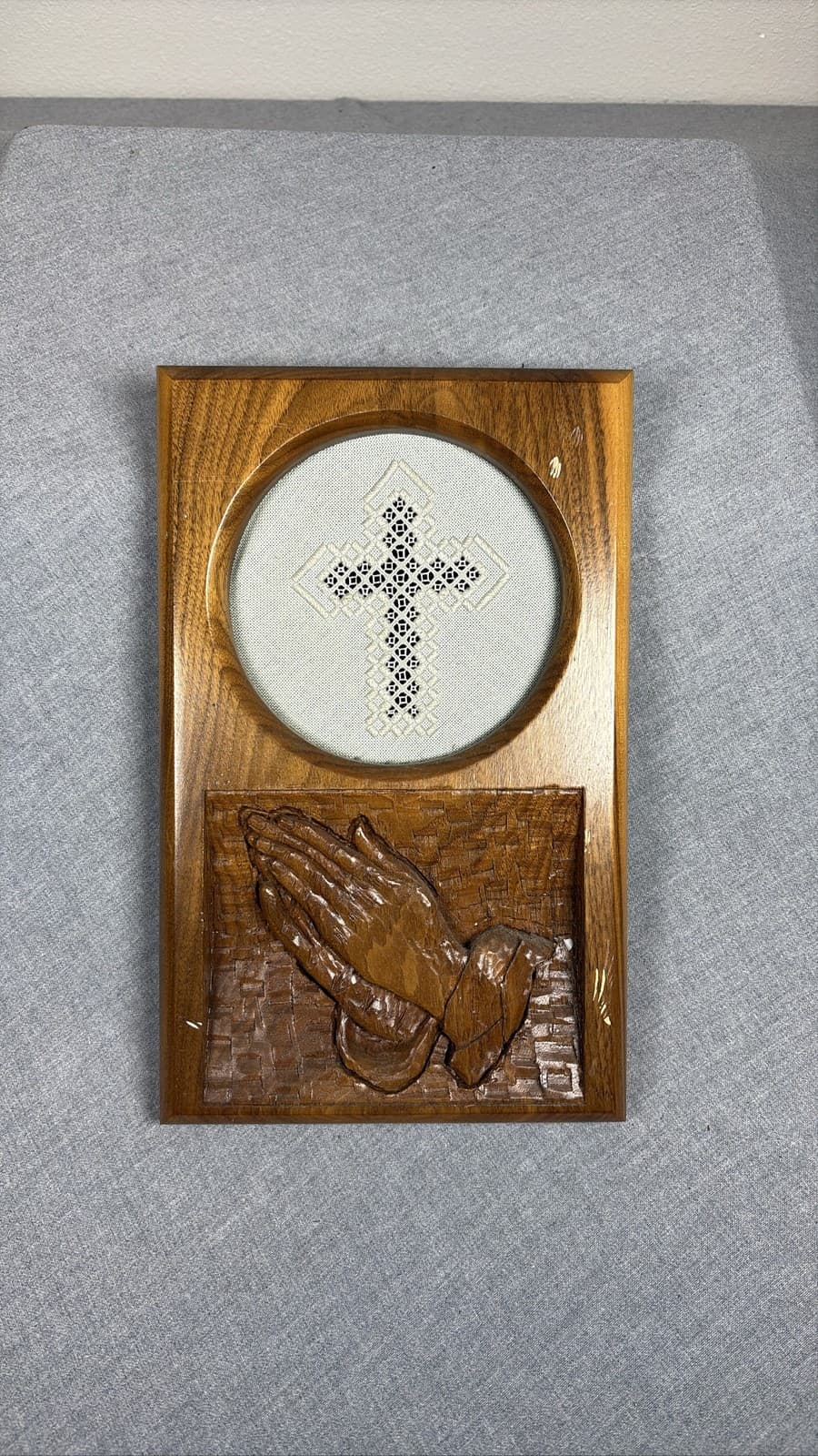 Wood Carved Praying Hands Cross Plaque Religious Wall Decor Christian