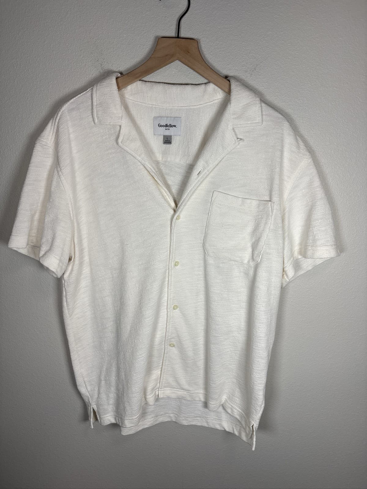 Goodfellow & Co Men's Knit Camp Shirt Short Sleeve Cream Button Up L