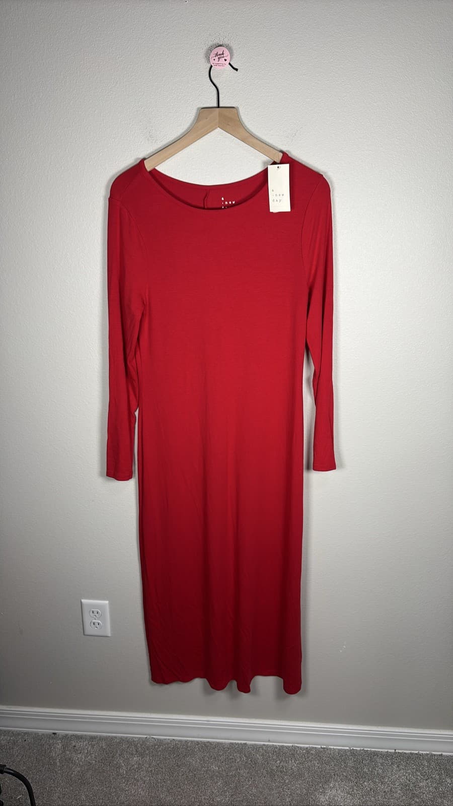 A New Day Women Red Long Sleeve Knit Midi Dress Size Large Body Forming