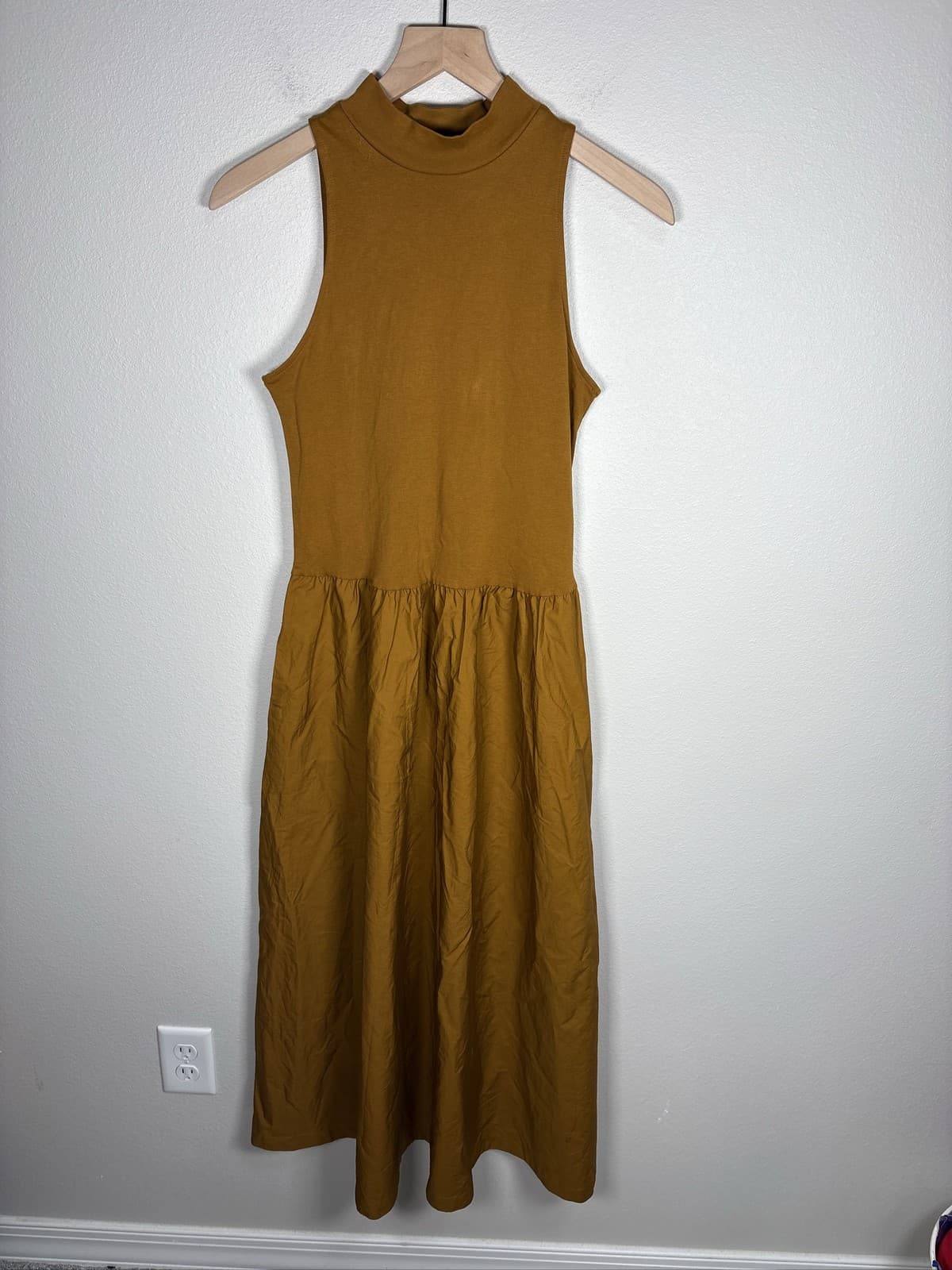 A New Day Mock Neck Mixed Media Ribbed Knit Midi Dress Mustard Yellow XS
