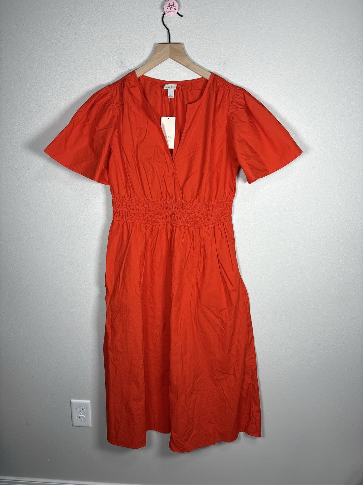 A New Day Womens Orange V-Neck Puff Sleeve Smocked Waist Midi Dress Small