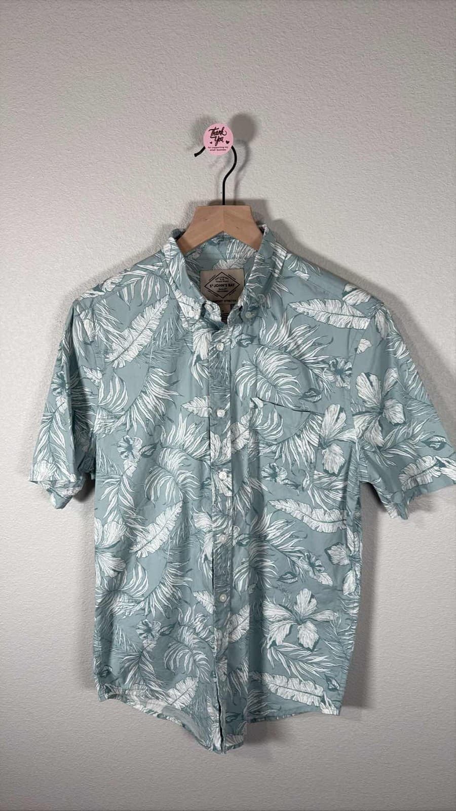 St Johns Bay Men's S Blue Hawaiian Tropical Leaf Button Up Shirt Casual