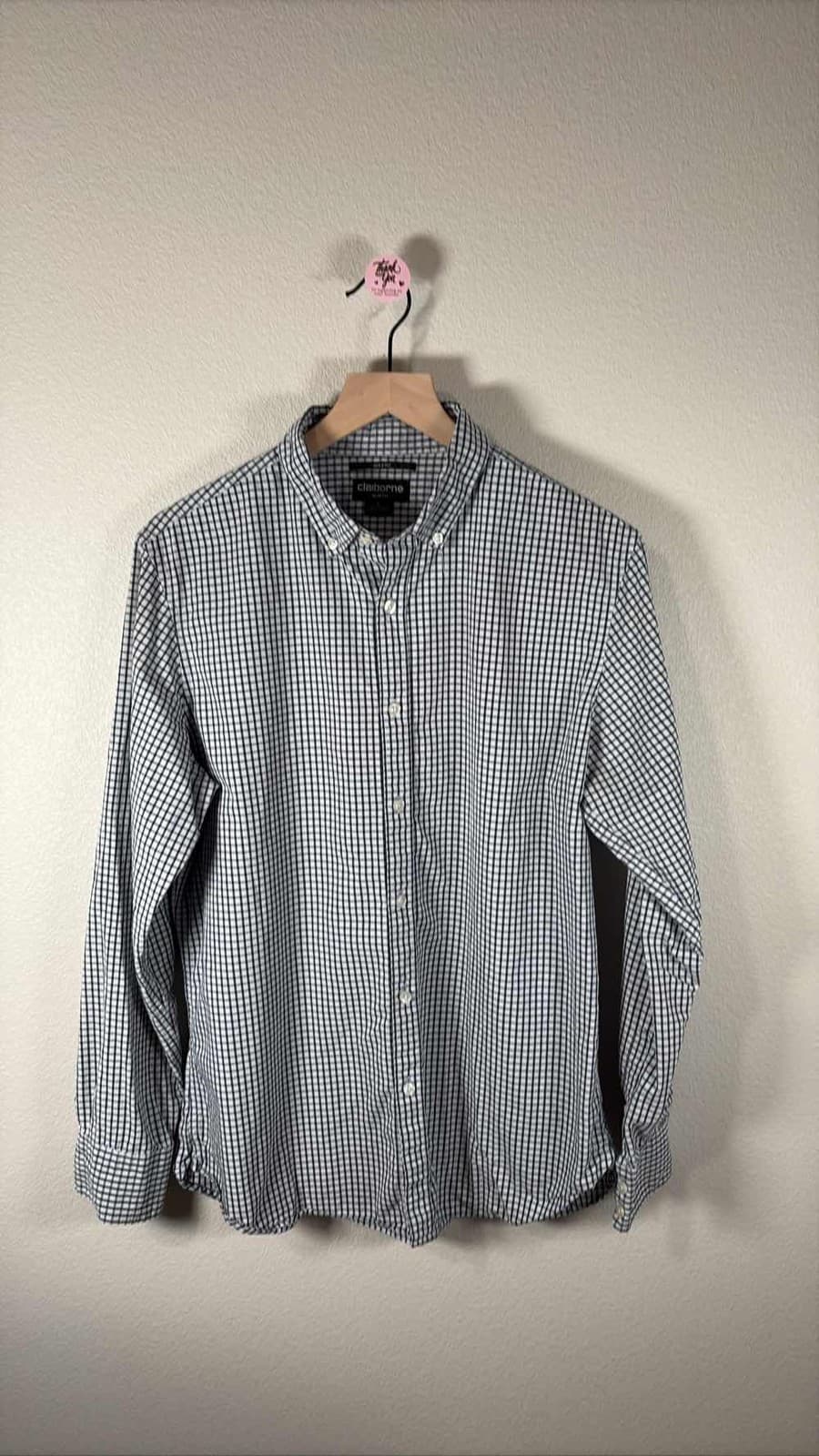 Claiborne Mens L Blue White Gingham Check Button Up Long Sleeve Shirt