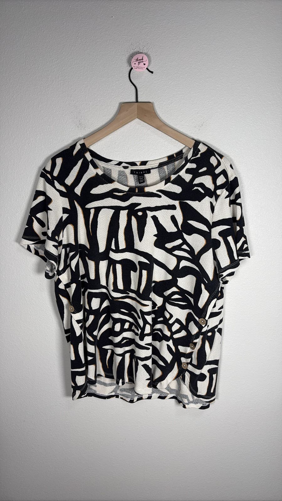 Tribal Women's Black White Abstract Print Short Sleeve Button Side Top
