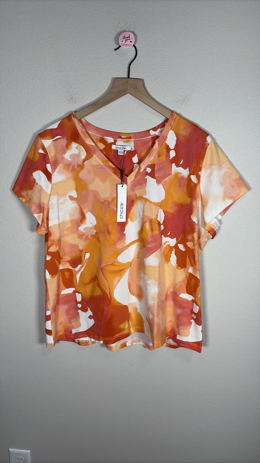 Chico's Women's V-Neck T-Shirt Abstract Floral Print Short Sleeve Shirt
