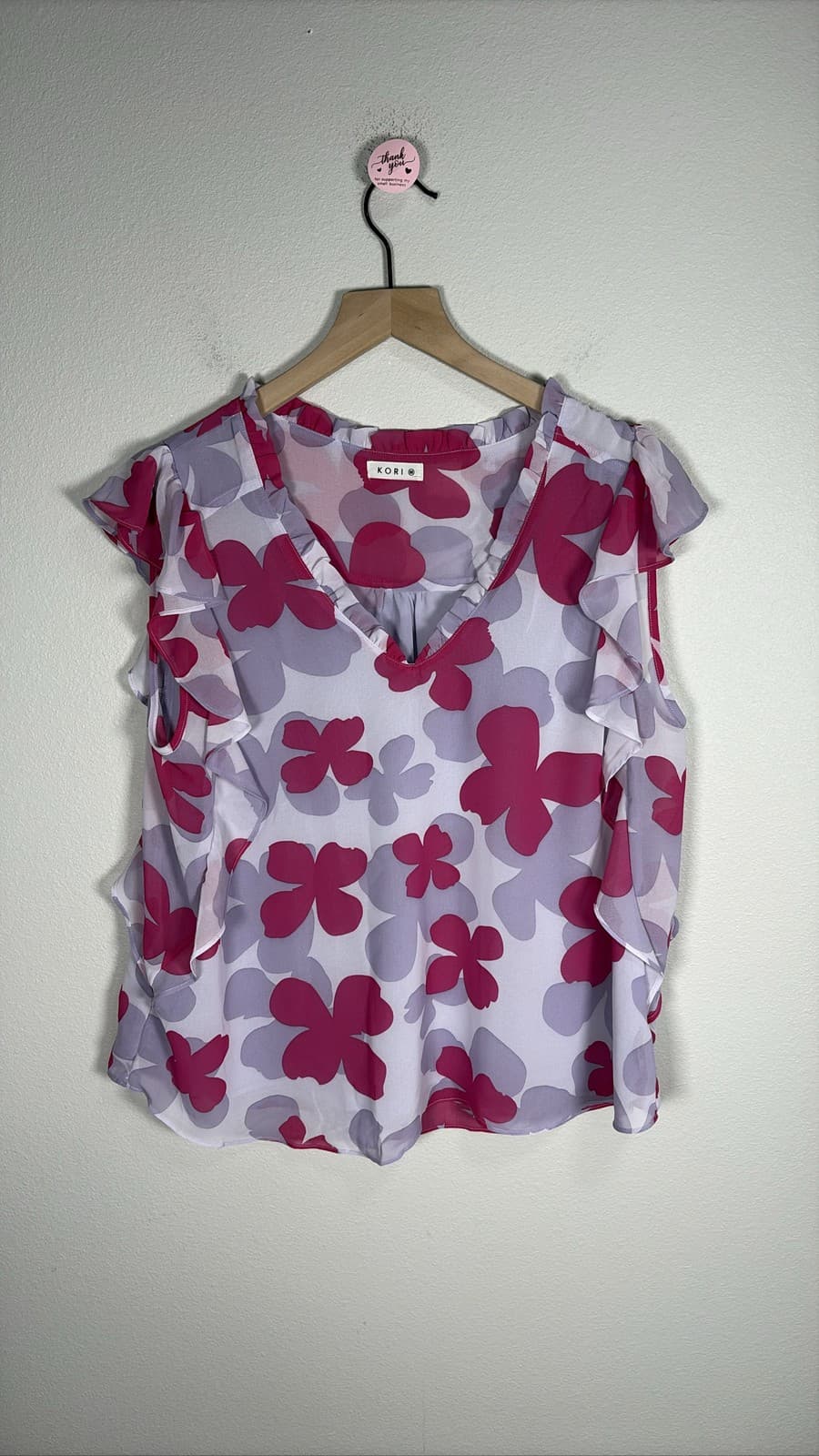 Kori America Women's Floral Sleeveless V-Neck Ruffle Blouse Pink Purple