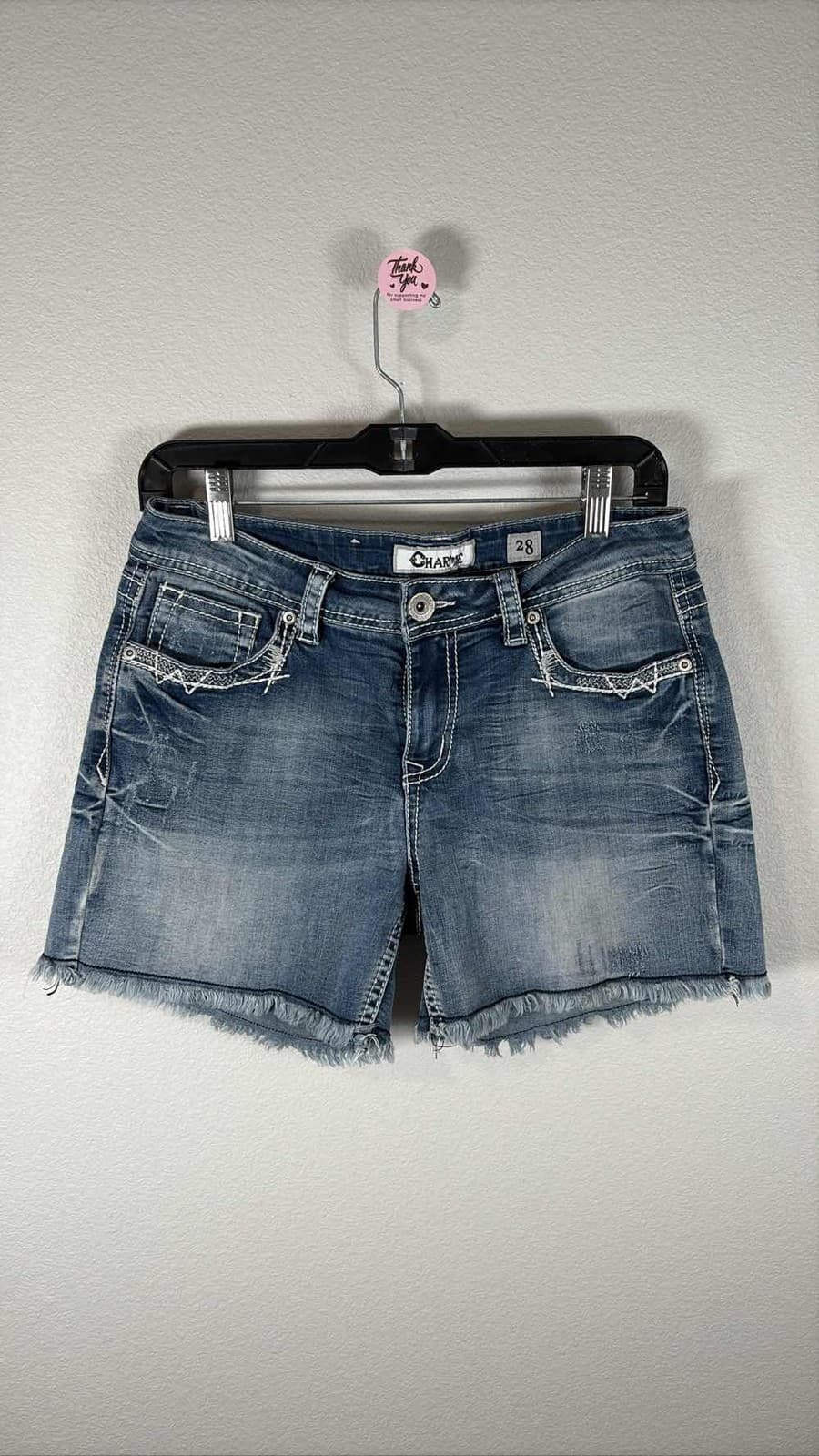 Charme Women's Size 28 Distressed Embroidered Frayed Hem Denim Shorts