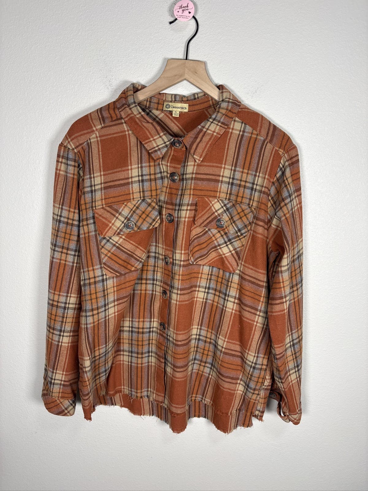 Democracy Women's Brown Plaid Flannel Shirt Long Sleeve Raw Hem Pockets
