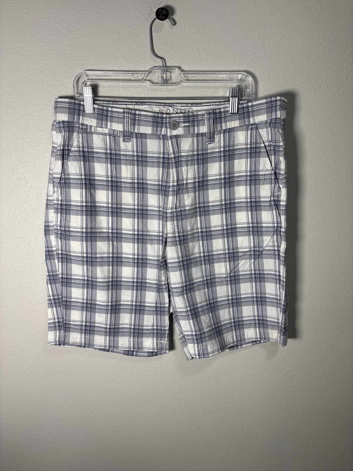 Sonoma Life Style Mens Shorts Size 36 Gray White Plaid Flat Front Chino