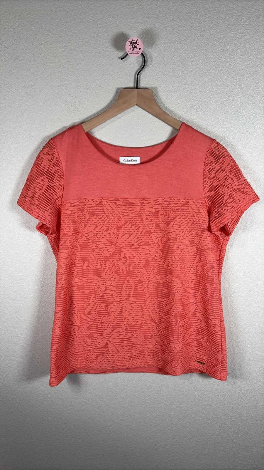 Calvin Klein Coral Floral Lace Overlay Textured Short Sleeve Blouse M